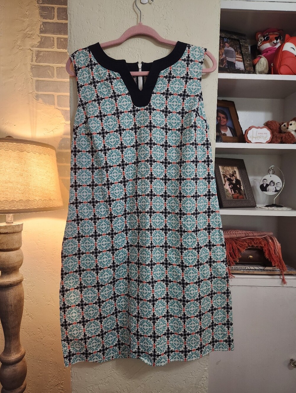 Talbots Sleeveless Patterned Shift Dress in Aqua and Navy Size 12p - Picture 7 of 7